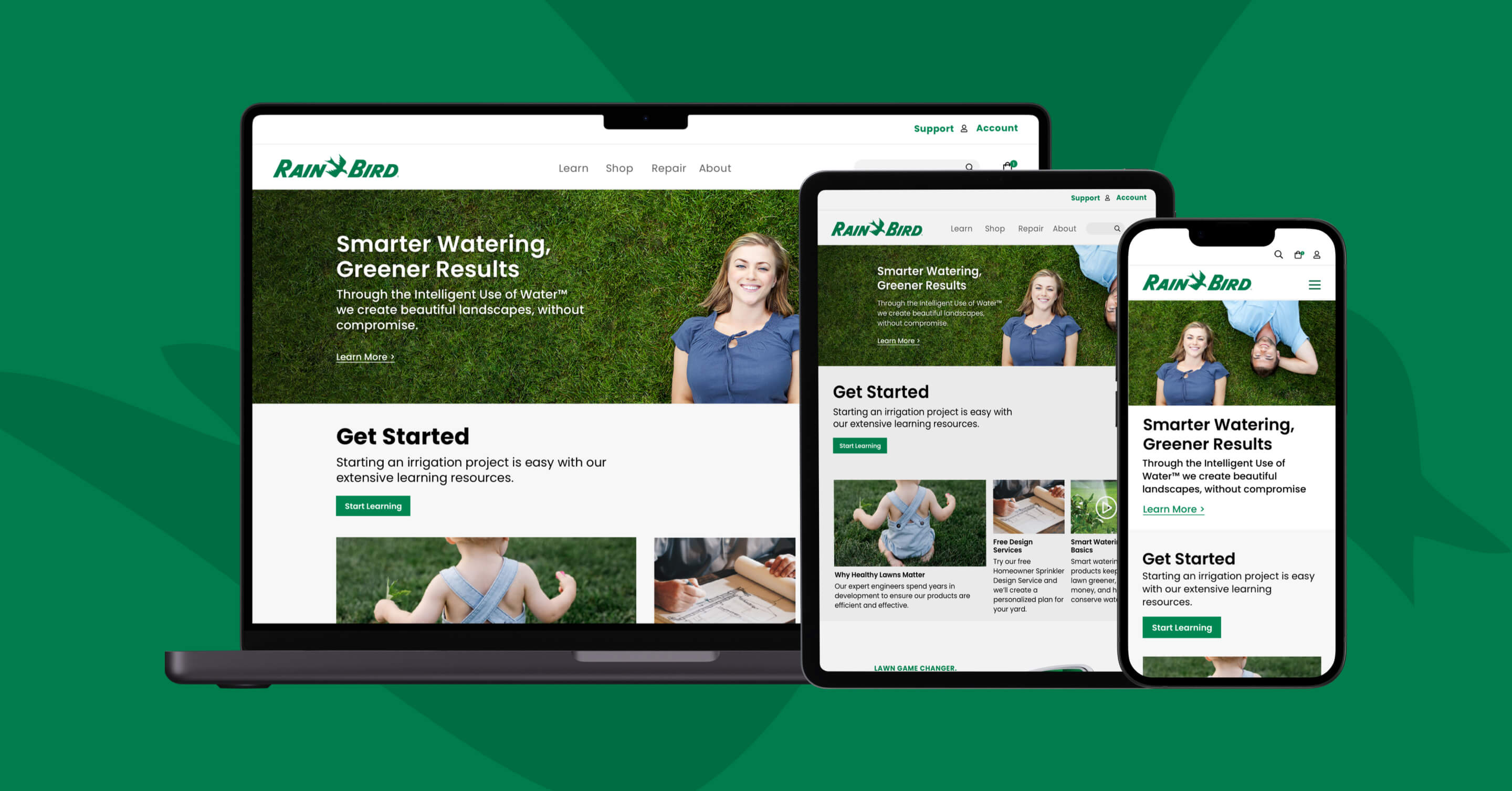 Website homepage for Rain Bird displayed on laptop, tablet, and smartphone screen.