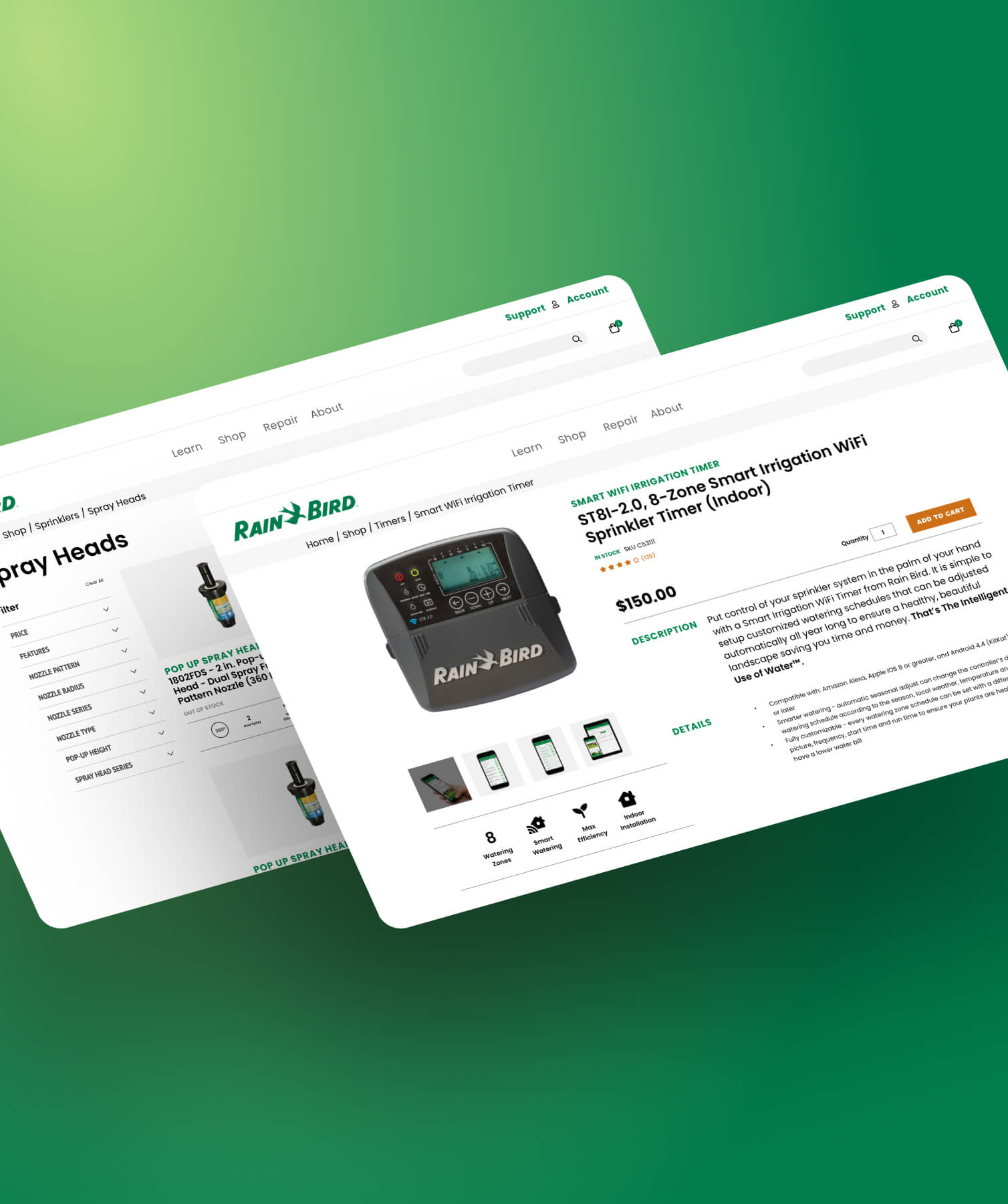 Two overlapping Rain Bird website screens on a green gradient background, showing a product page for Spray Heads with filter options and a product detail page.