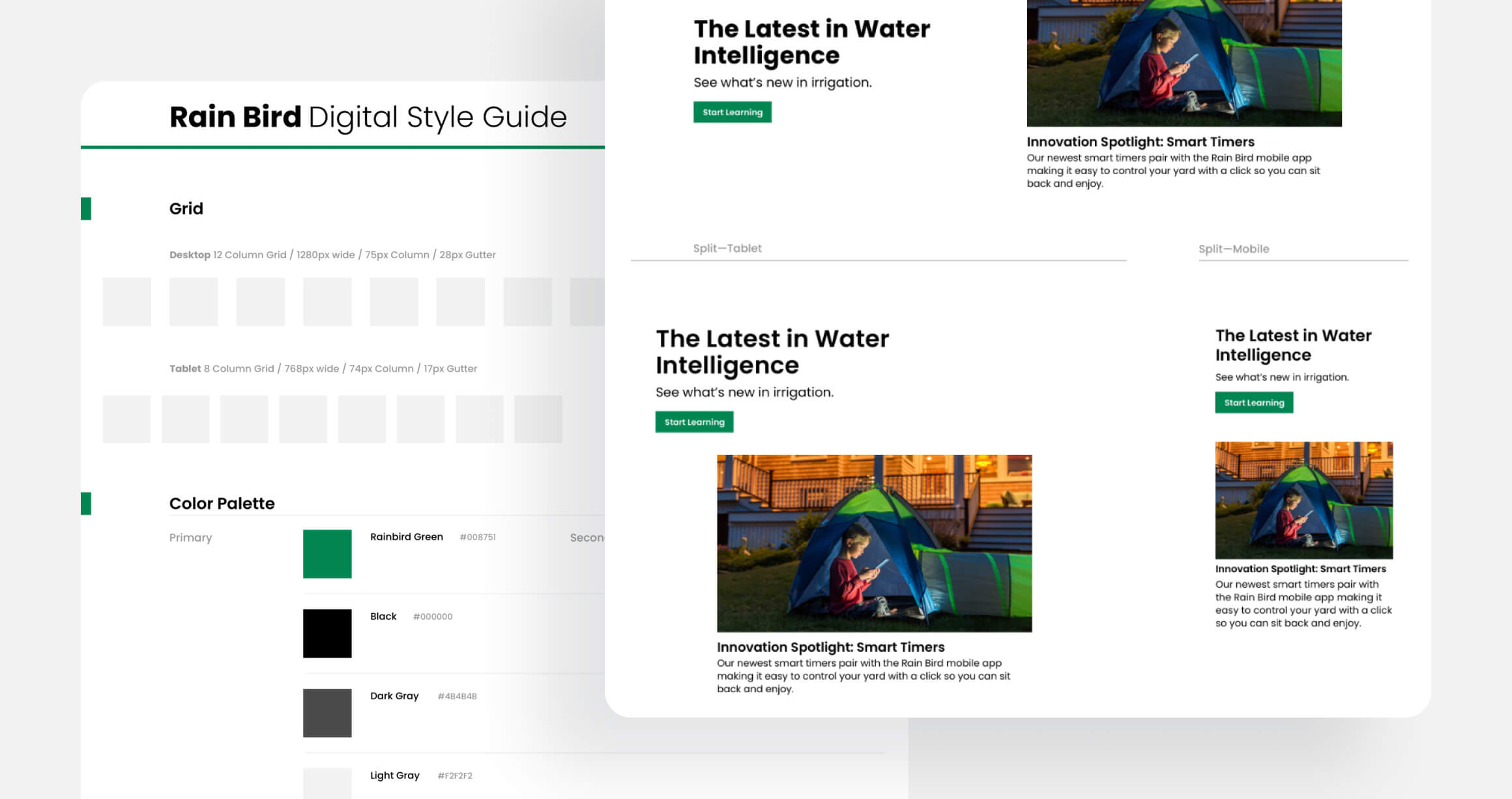 Digital style guide for Rain Bird showing grid specifications for desktop and tablet, a color palette, and a sample module design.