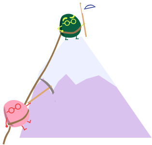 A cartoon of a green character holding a flag on a mountain. - Hopscotch Images