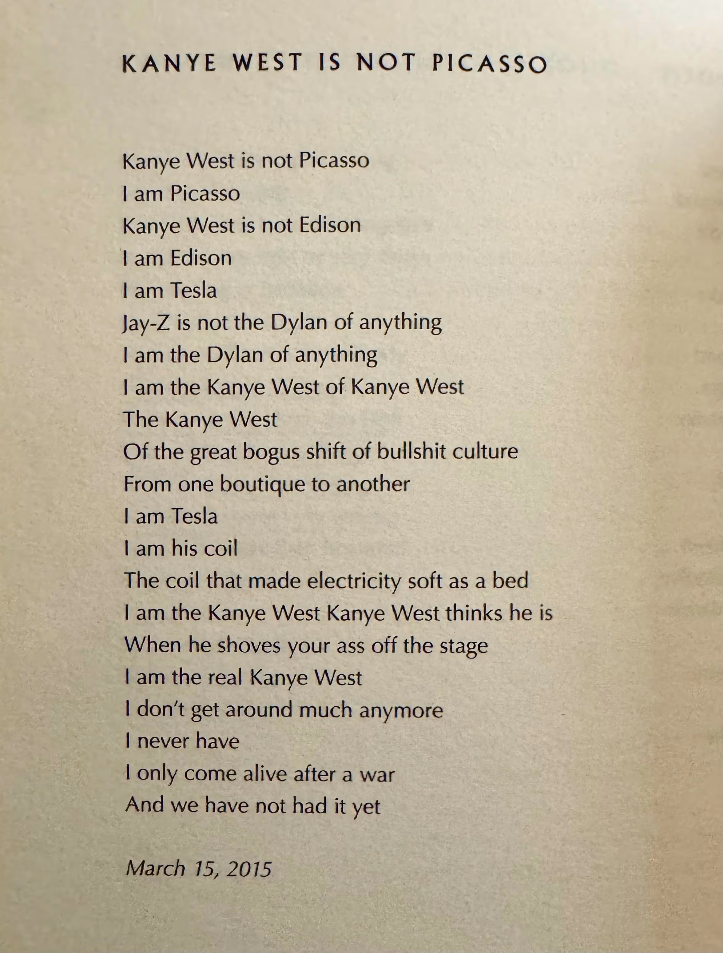 “Kanye West is Not Picasso” — poem from The Flame (2018) by Leonard Cohen