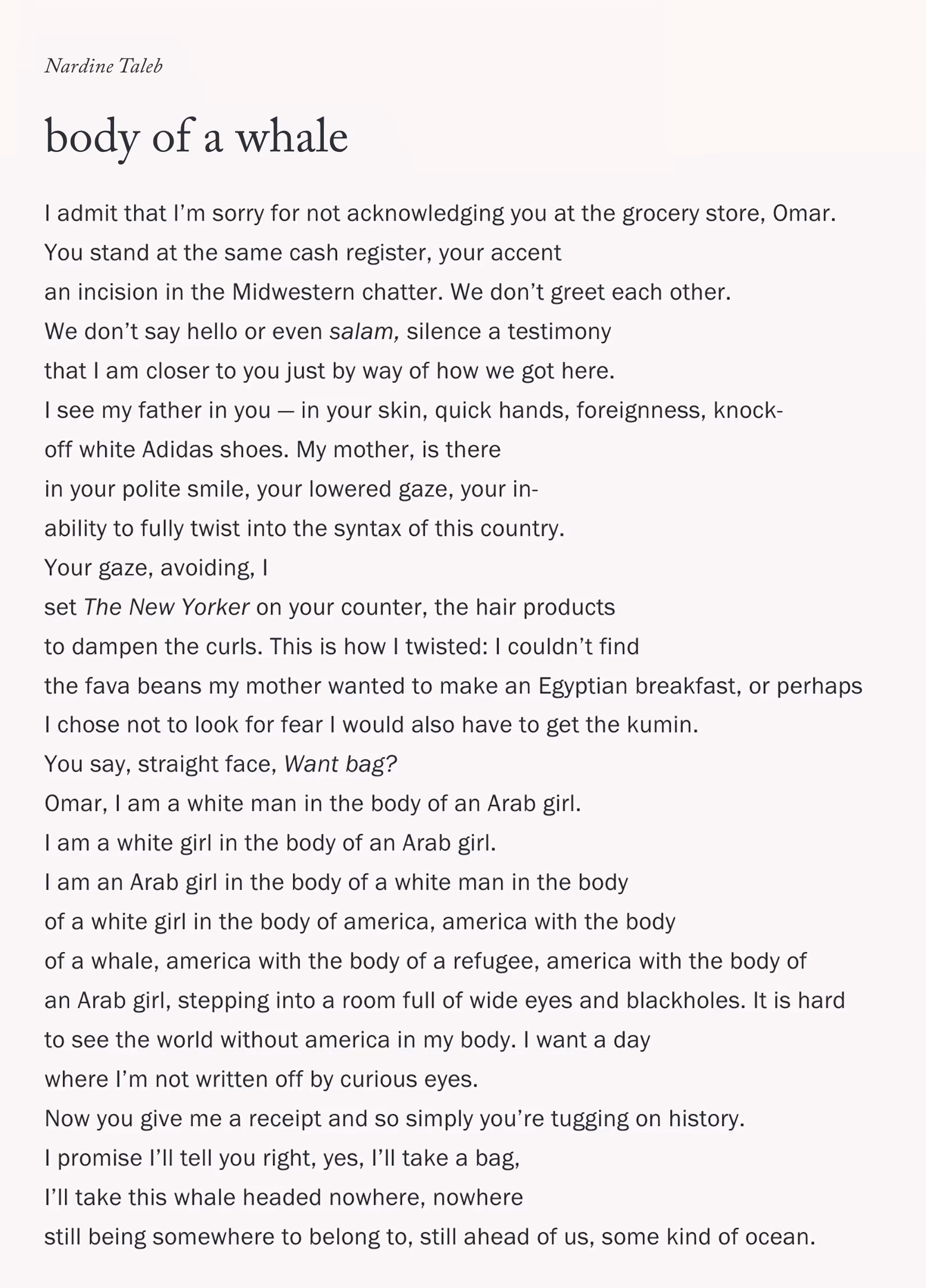 body of a whale poem nardine taleb