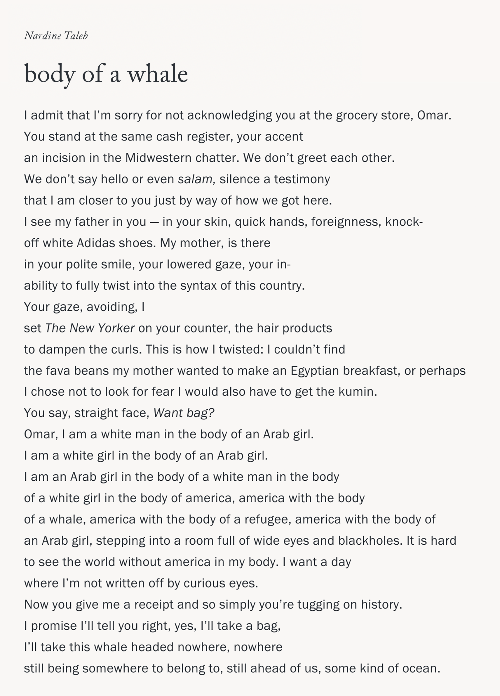 body of a whale poem nardine taleb