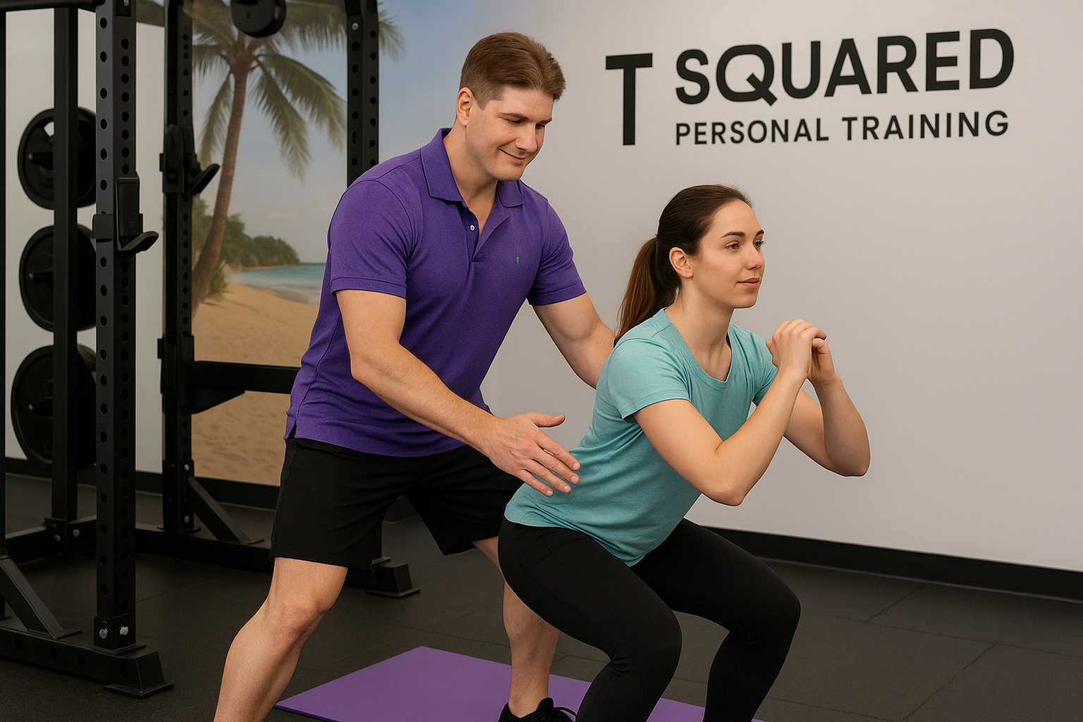 Personal trainer in Vancouver BC guiding a beginner through a squat during a one-on-one session at TSquared Personal Training, with gym equipment in the background and a supportive coaching stance.