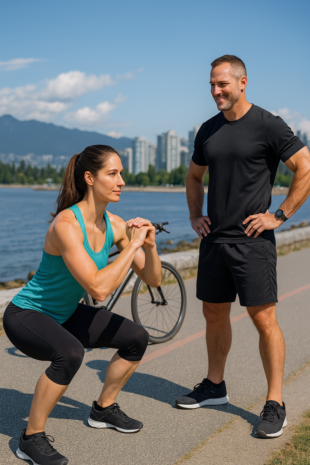 Outdoor personal training on the Vancouver Seawall with cycling and bodyweight exercises