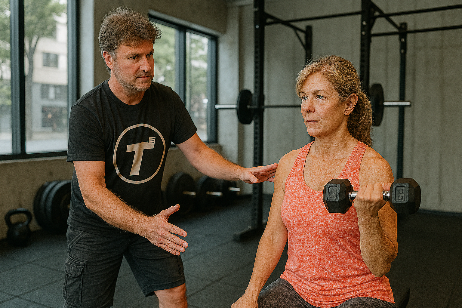 Troy Tyrell, wearing a black Tsquared Personal Training shirt, coaches a female client over 40 as she performs a seated bicep curl with a dumbbell in a modern gym