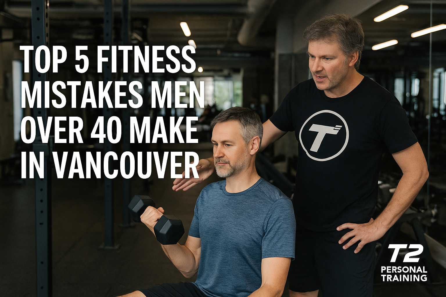 Troy Tyrell of Tsquared Personal Training coaching a male client over 40 as he performs a seated bicep curl in a modern gym, with text reading 'Top 5 Fitness Mistakes Men Over 40 Make in Vancouver' and the T2 Personal Training logo in the corner