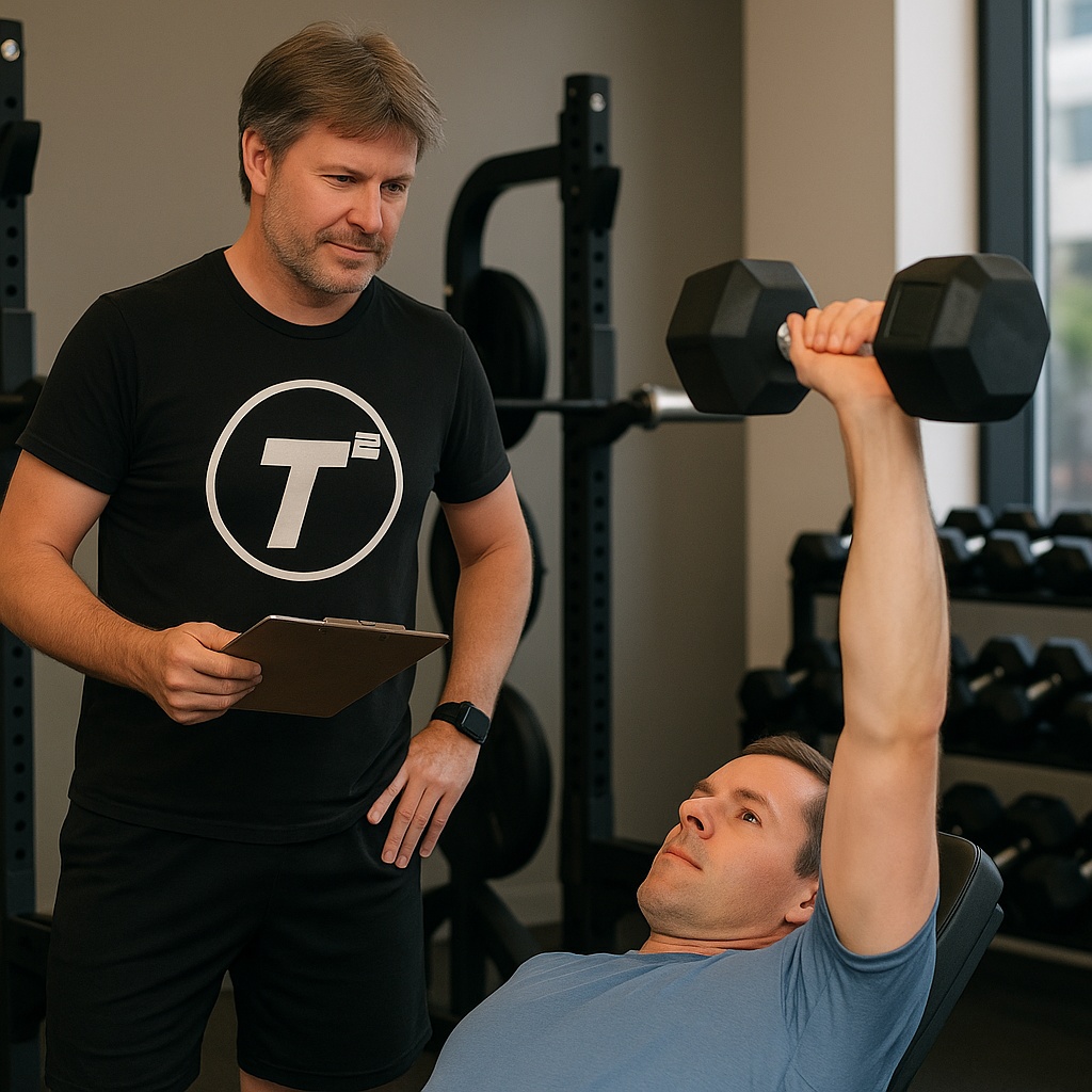 Personal trainer wearing a black T-squared shirt supervising a male client performing a dumbbell bench press in a modern gym. Ask ChatGPT