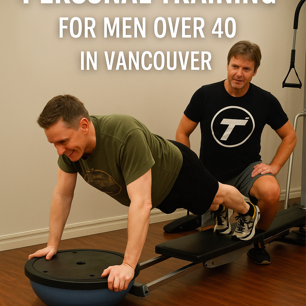 Client in his 40s performing an elevated push up on the gravity training machine with BOSU, coached at Tsquared Personal Training in Vancouver.