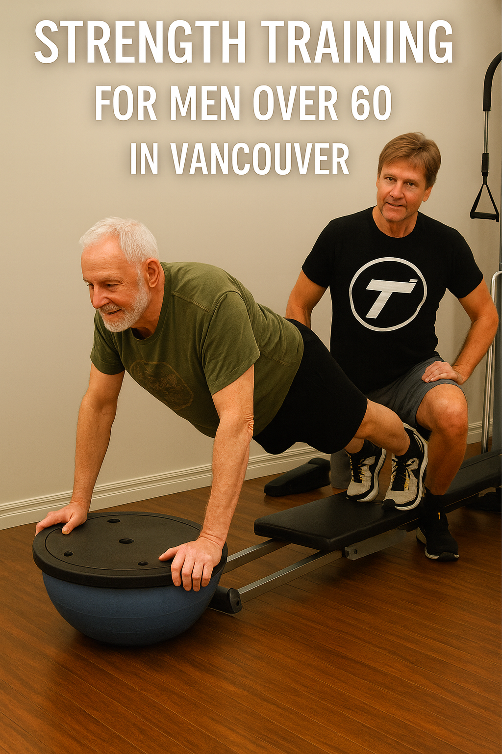 Personal trainer in Vancouver coaching a male client over 60 during a strength training session