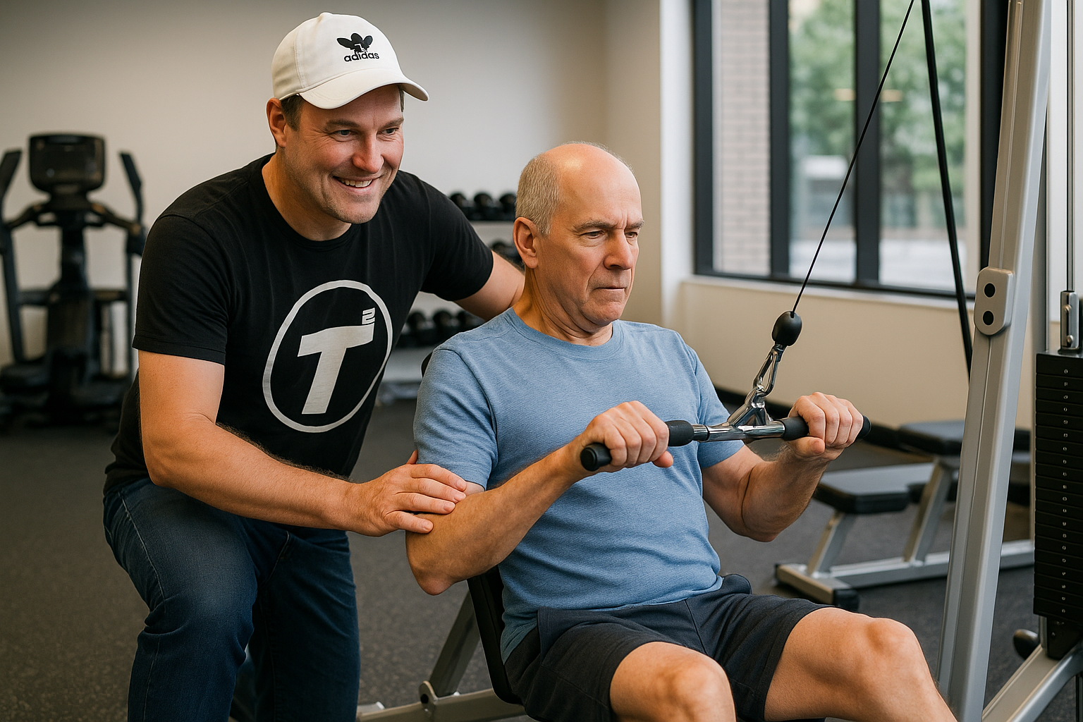 Personal trainer in Vancouver helping an adult over 60 build strength using the Gravity Training System at Tsquared Personal Training.