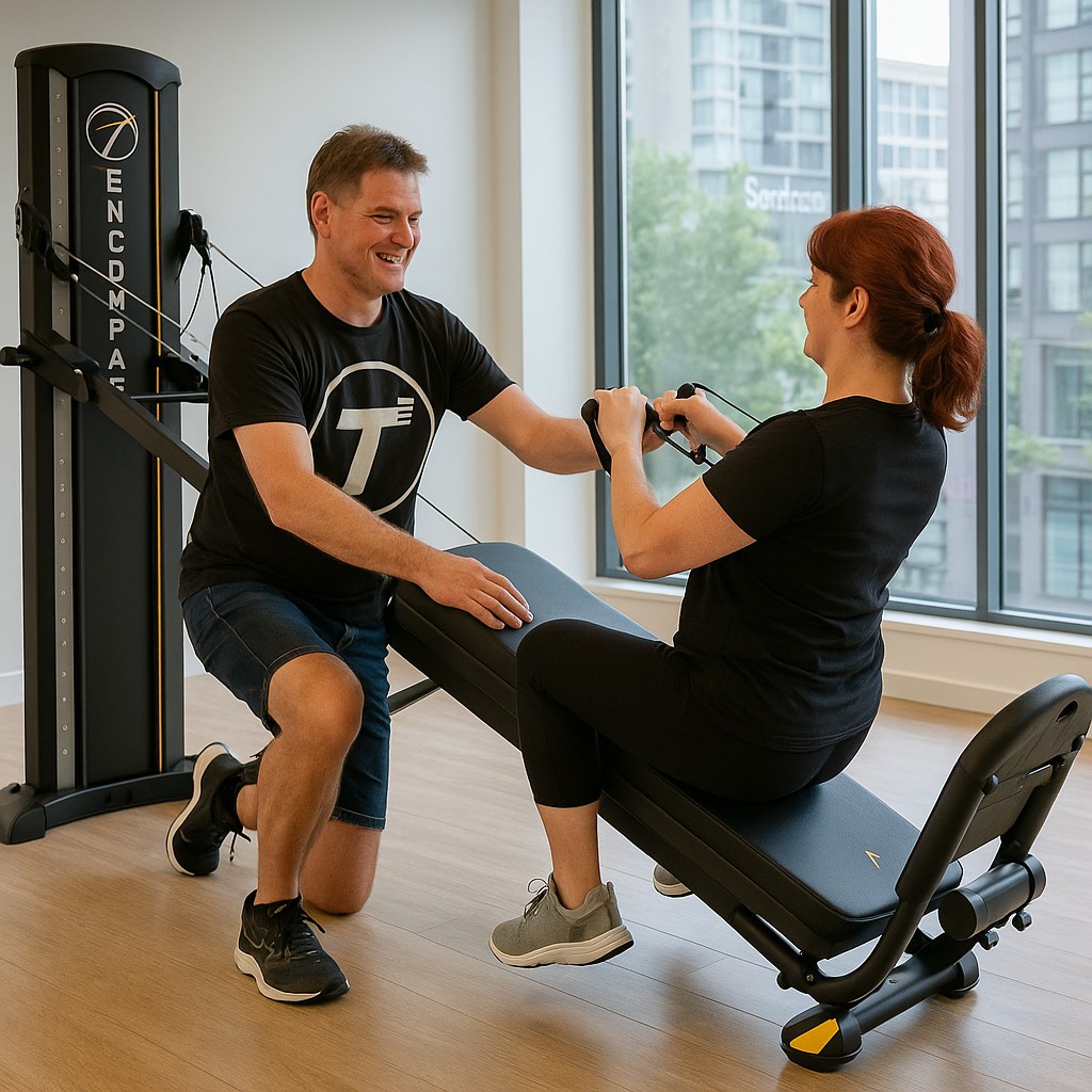 Smiling Vancouver fitness trainer wearing a T² shirt, standing confidently on an orange background next to bold text listing the 7 key exercises to see if you’re aging well, inviting readers to try Gravity Training in private or small group sessions of 4 or less