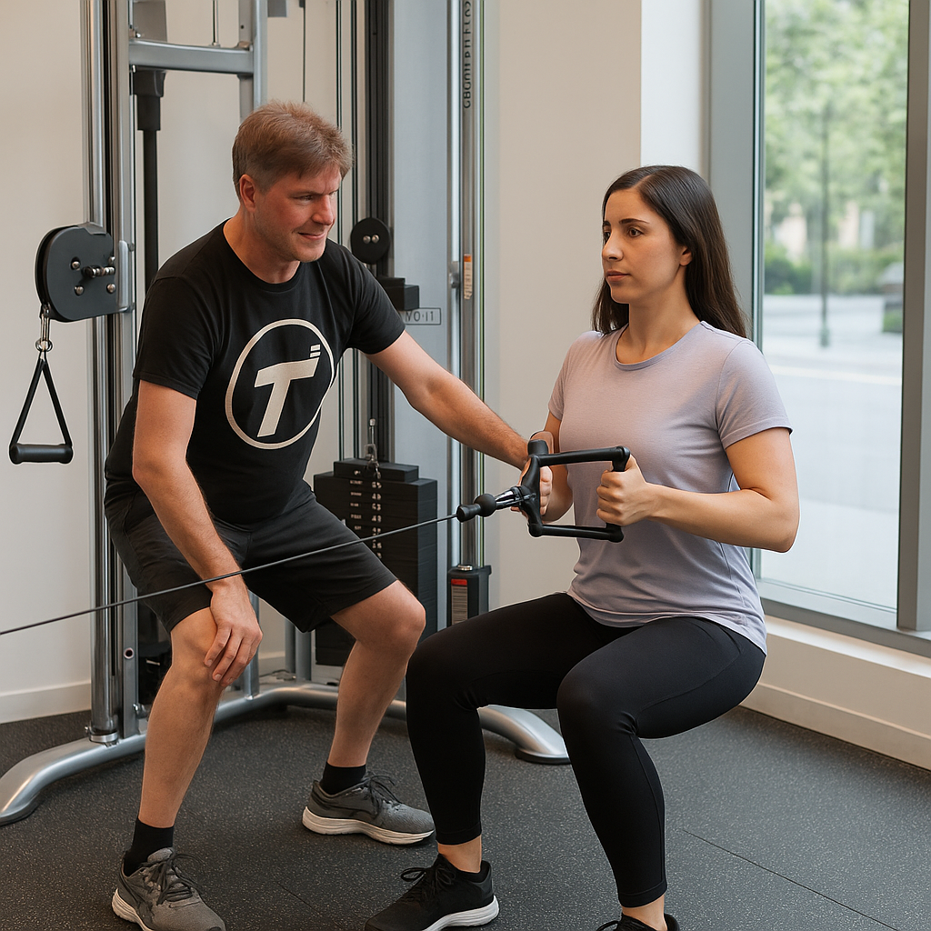 Troy Tyrell coaching a beginner client through a dumbbell goblet squat on the Gravity Training System