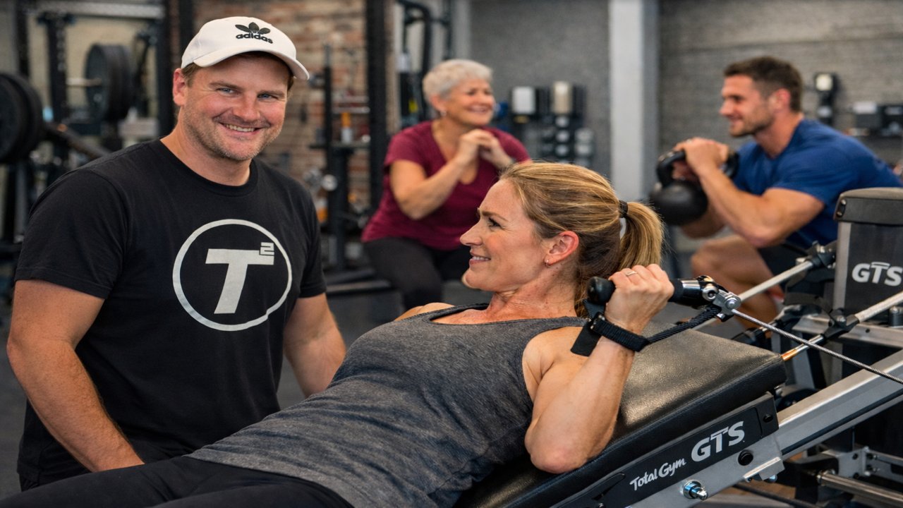 Personal training and small group fitness classes in Vancouver with a coach guiding a client through strength training while others train in the background, highlighting consistency and real results.