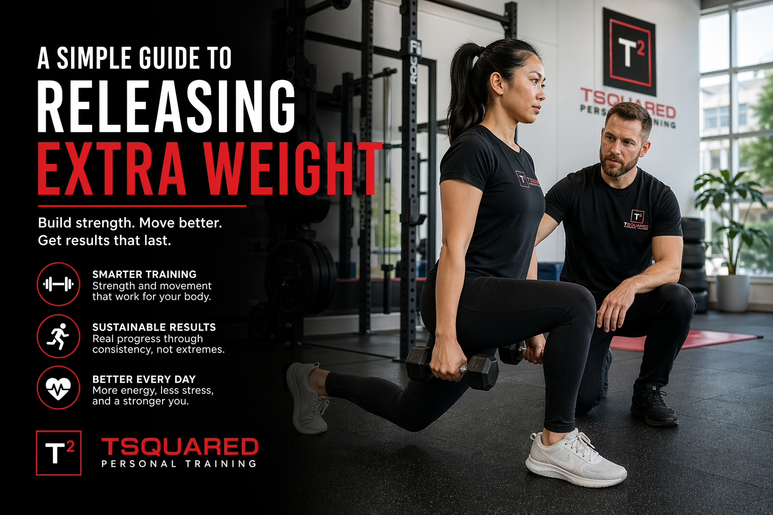 Personal trainer coaching a client through a controlled lunge with dumbbells in a modern Vancouver gym, highlighting strength training, proper form, and sustainable weight loss results.