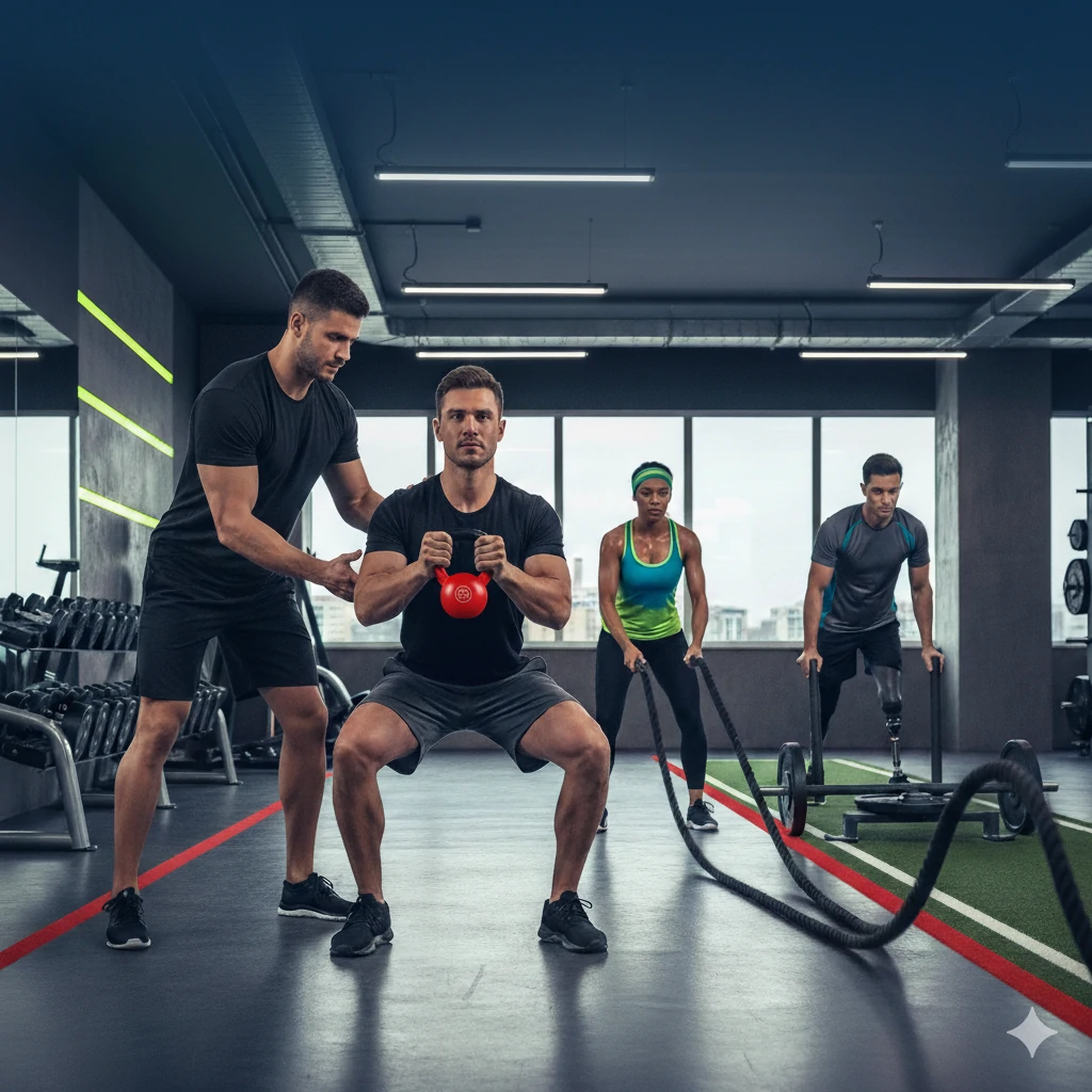 Personal trainer coaching a client through a strength exercise in a Vancouver studio