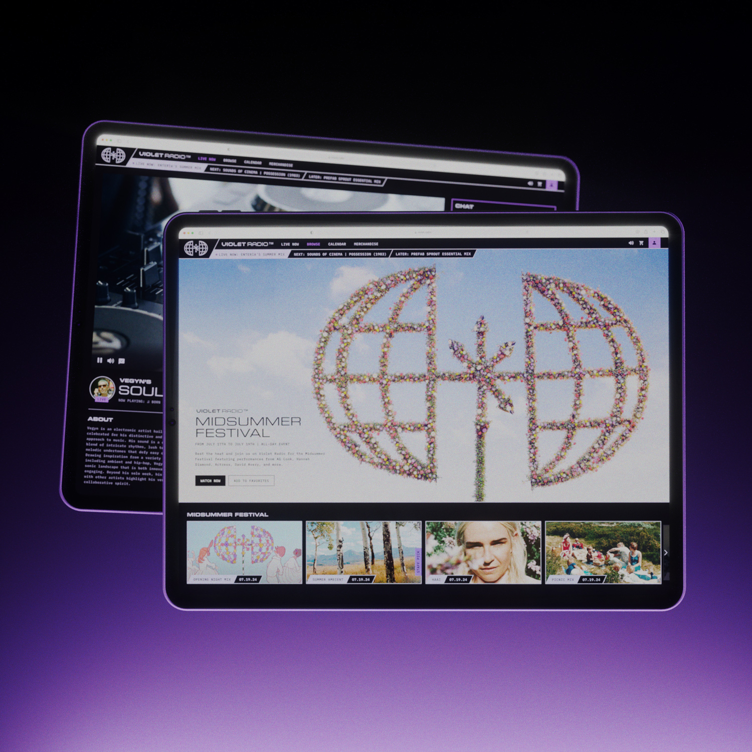 Tablet screens for Violet Radio
