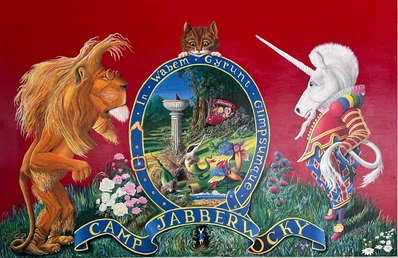 Fanciful Wonderland crest adorns Camp Jabberwokcy dining hall