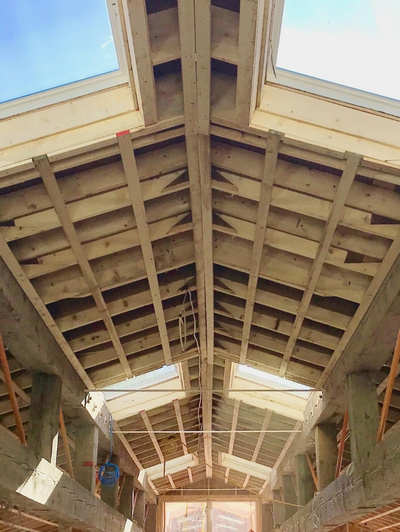 Roof framing at Camp Jabberwocky new dining hall.