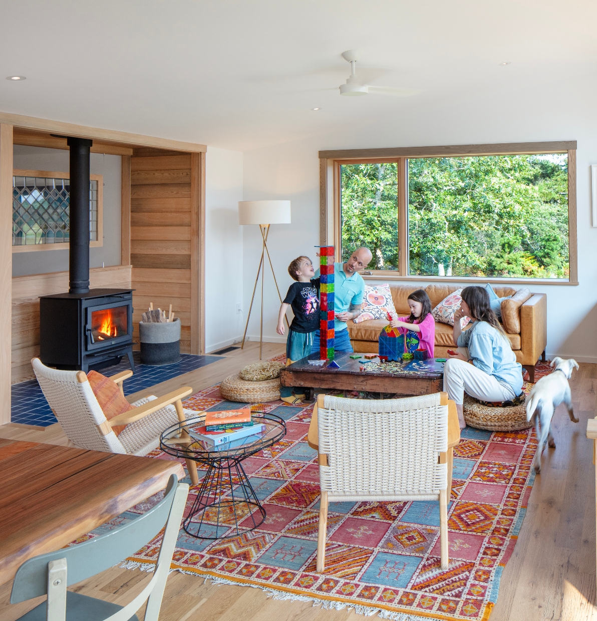 Gameplay in the living room at a South Mountain Company modern functional country home on Martha's Vineyard