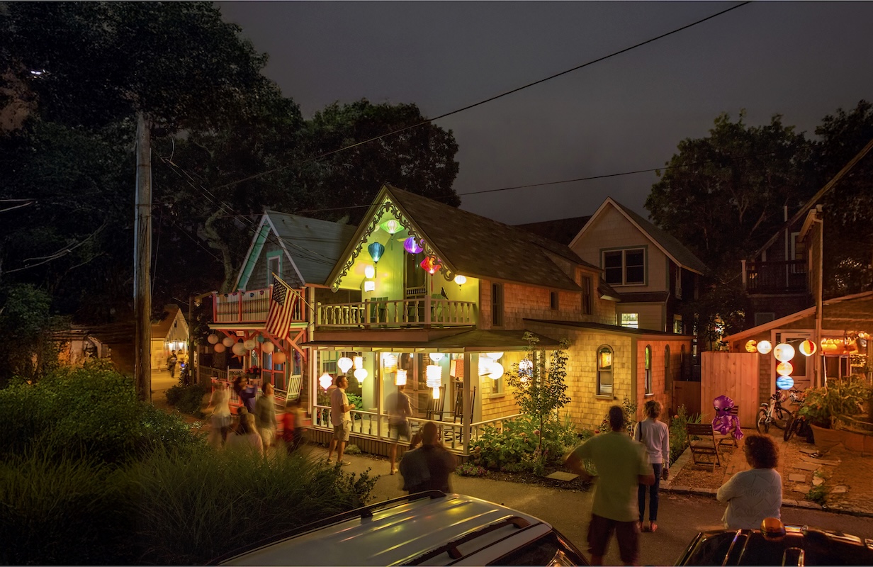 Exterior of Martha's Vineyard Camp Meeting cottages on Illumination Night in August.: each house is lit with Japanese lanterns.