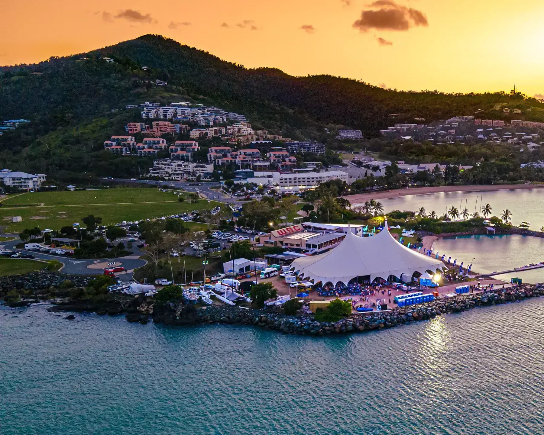 Aerial sunset view of Airlie Beach Festival of Music