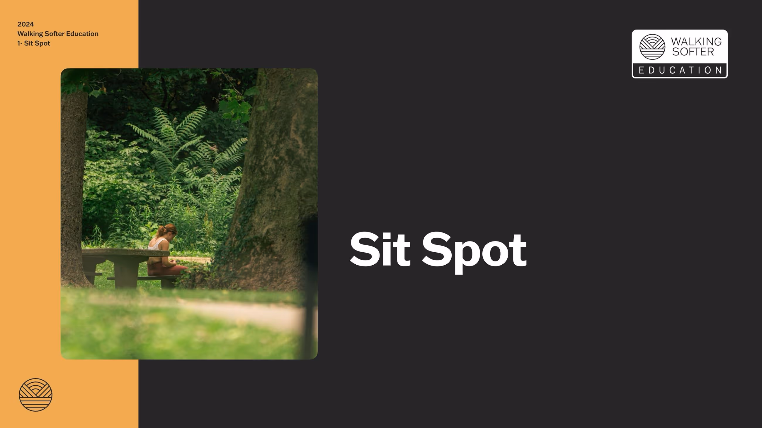 A person sitting on a wooden bench beneath a large tree in a lush green park, surrounded by plants. Text overlay reads 'Sit Spot' in bold white letters on a dark background.