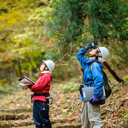 Two researchers in a forested area. One is looking upward with a device, while the other is holding a clipboard and looking towards the ground. Both are wearing safety helmets and outdoor clothing.