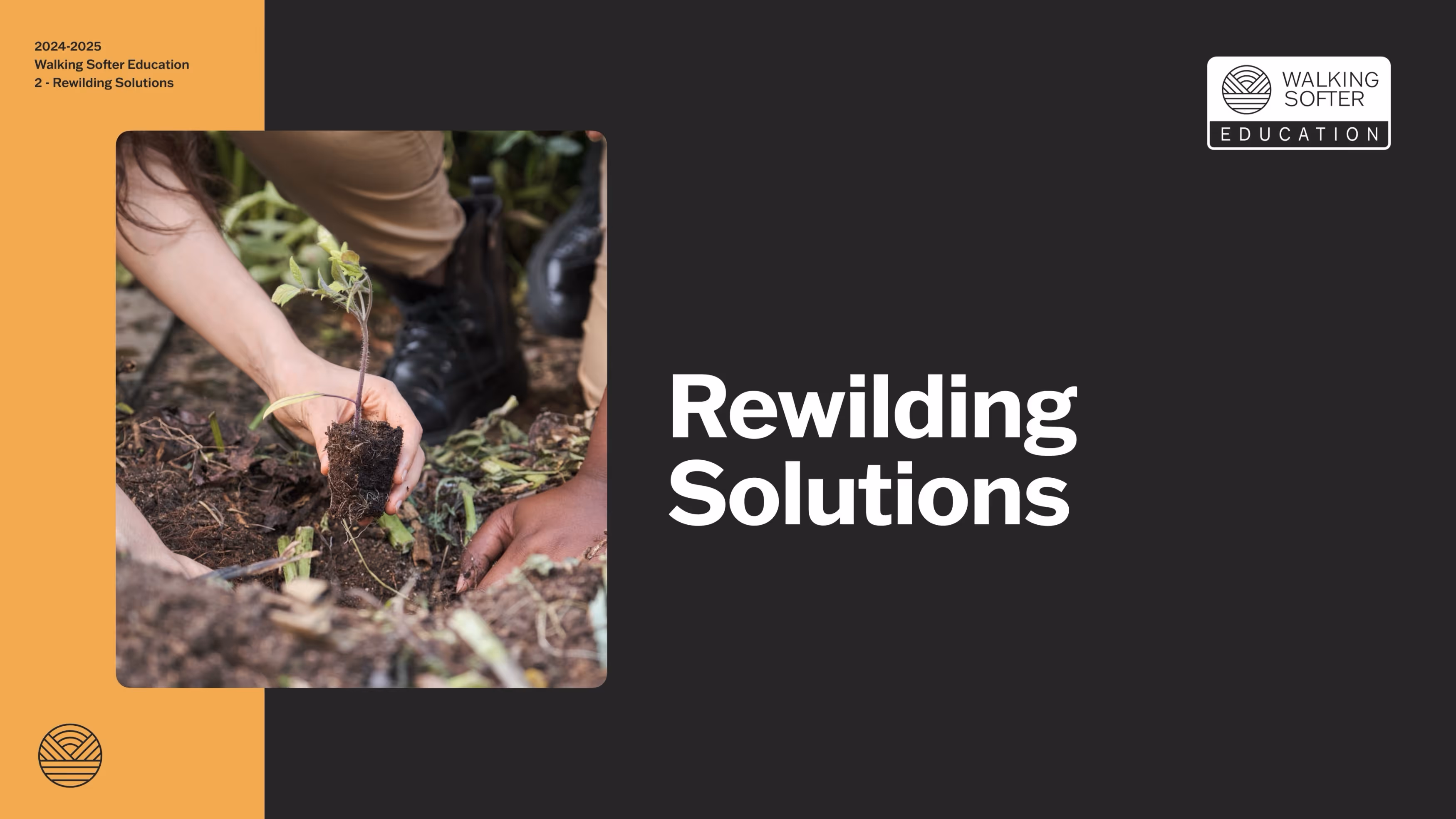 A person planting a small seedling in the soil, with their hand visible and wearing a brown boot. The image features the text 'Rewilding Solutions' on the right side, with a simple design.