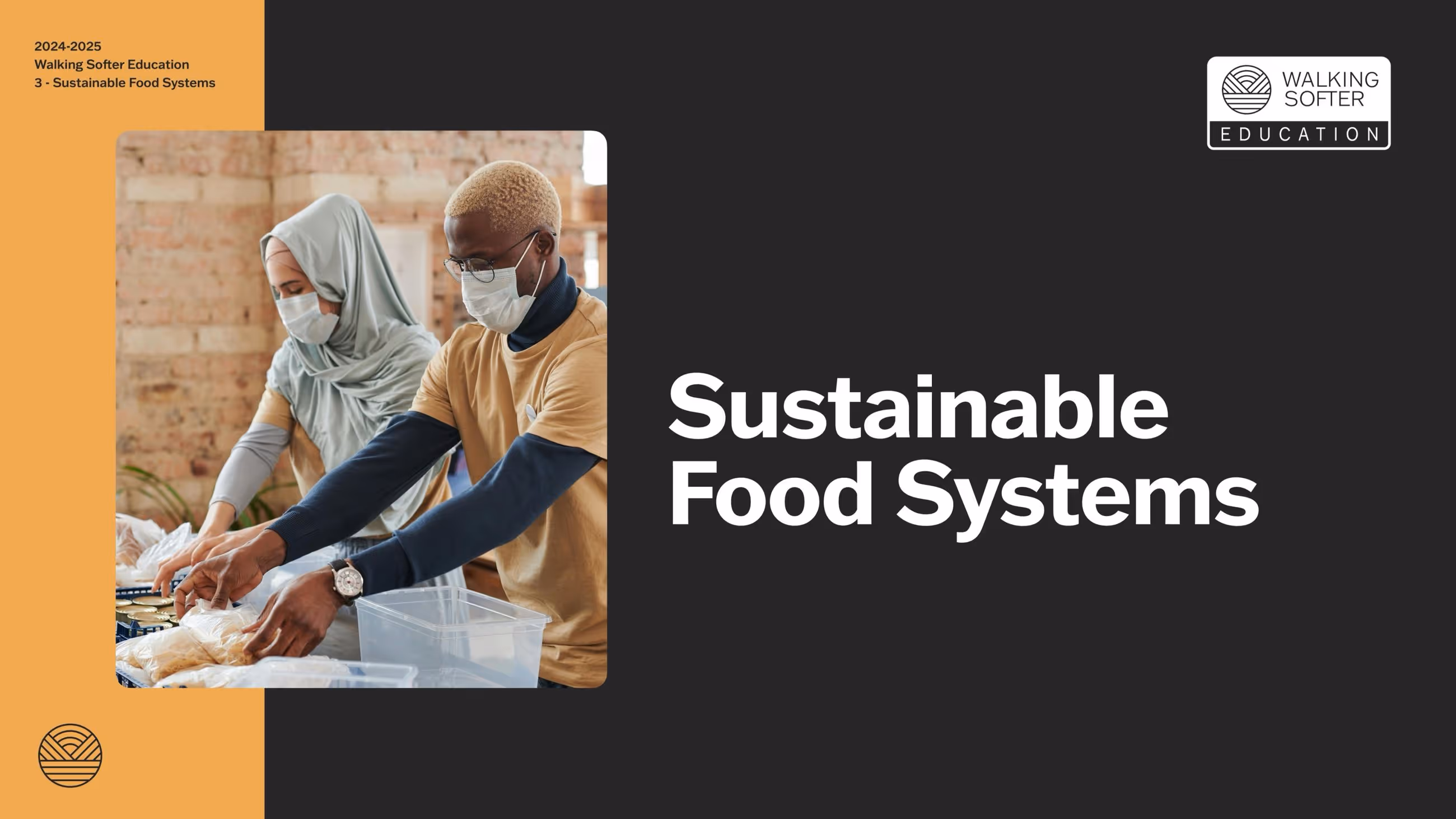 Two people working together on food preparation in a community setting. One person wears a hijab and the other wears a mask, focusing on sustainable food systems. The text 'Sustainable Food Systems' is displayed prominently.