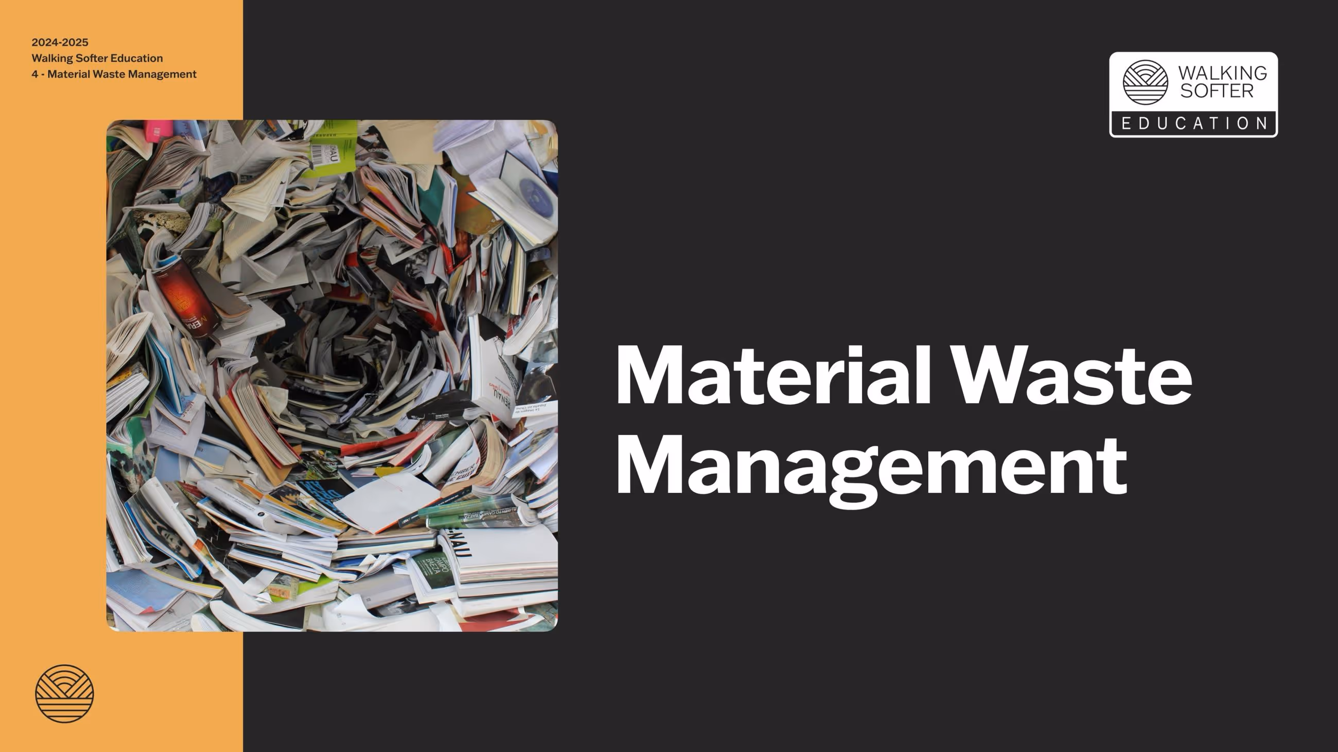 An abstract image of a spiral of crumpled paper and printed materials, representing material waste, alongside text stating 'Material Waste Management'.