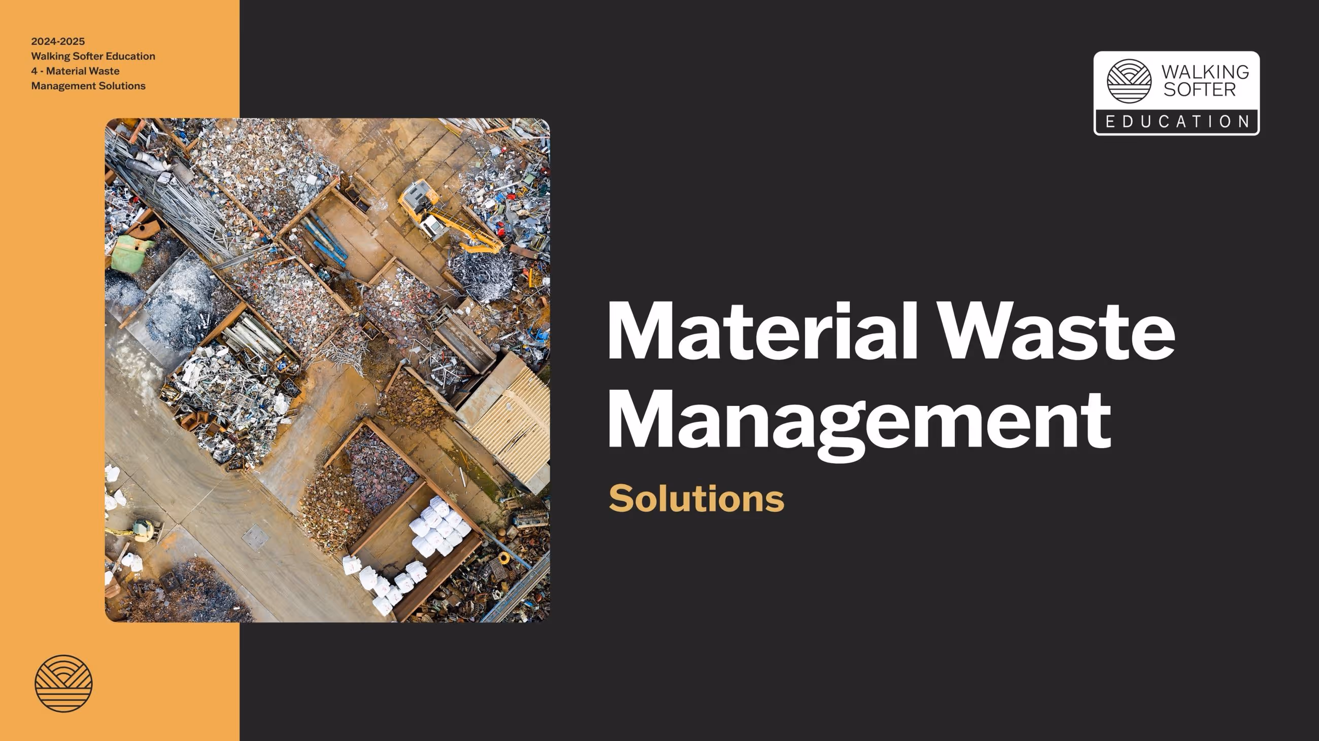 An aerial view of a waste management facility showing organized piles of material waste, including metals and plastics. The image has a dark background with the text 'Material Waste Management Solutions' prominent in white.