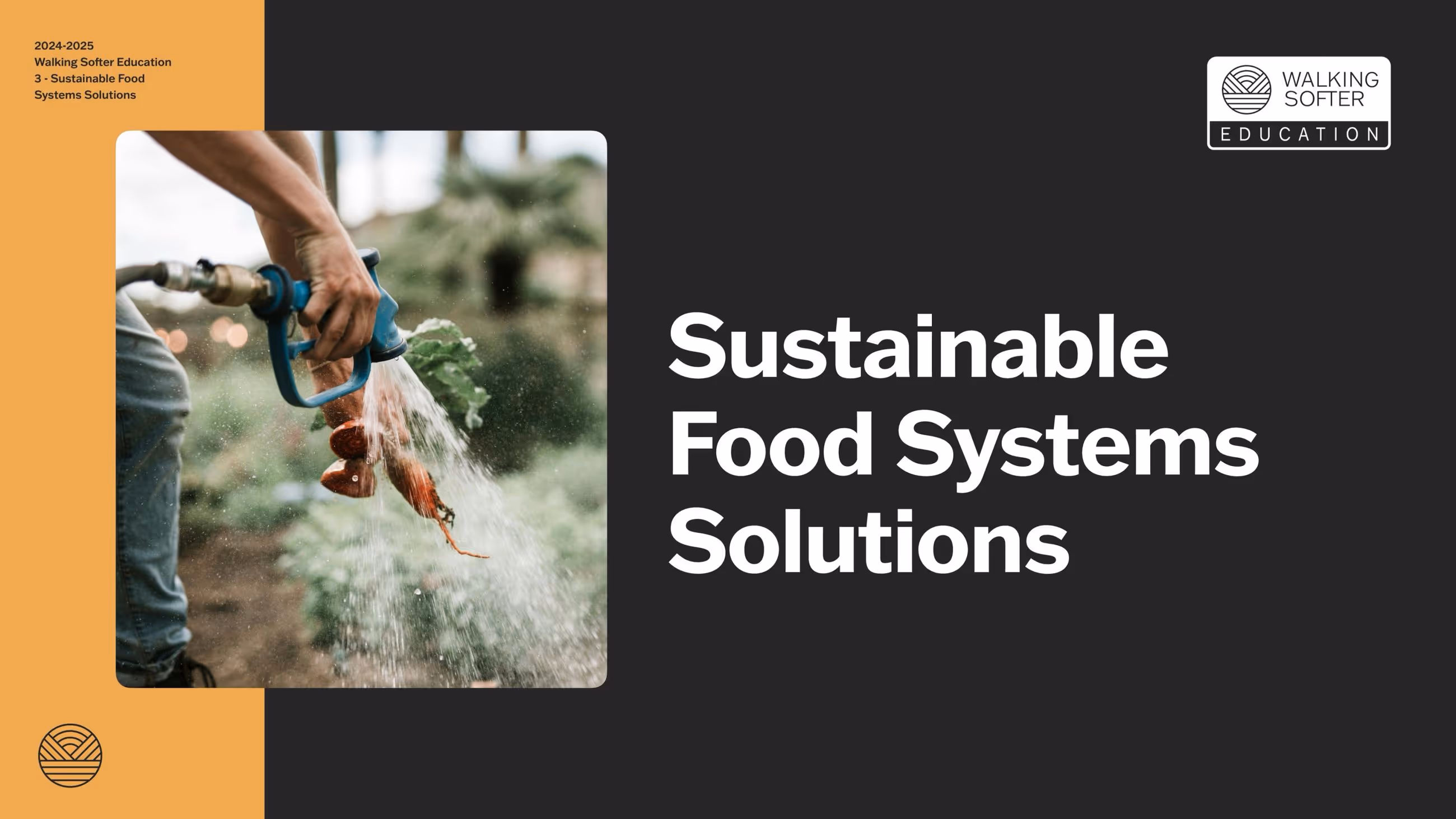 A person watering plants with a garden hose in a green space, alongside text that reads "Sustainable Food Systems Solutions" on a dark background.