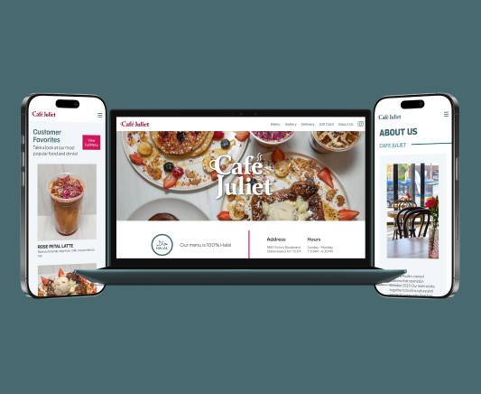 Cafe Juliet responsive website mockup on a laptop and 2 iPhones