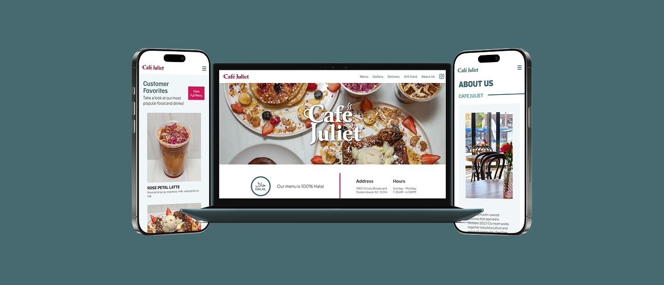Cafe Juliet responsive website mockup on a laptop and 2 iPhones