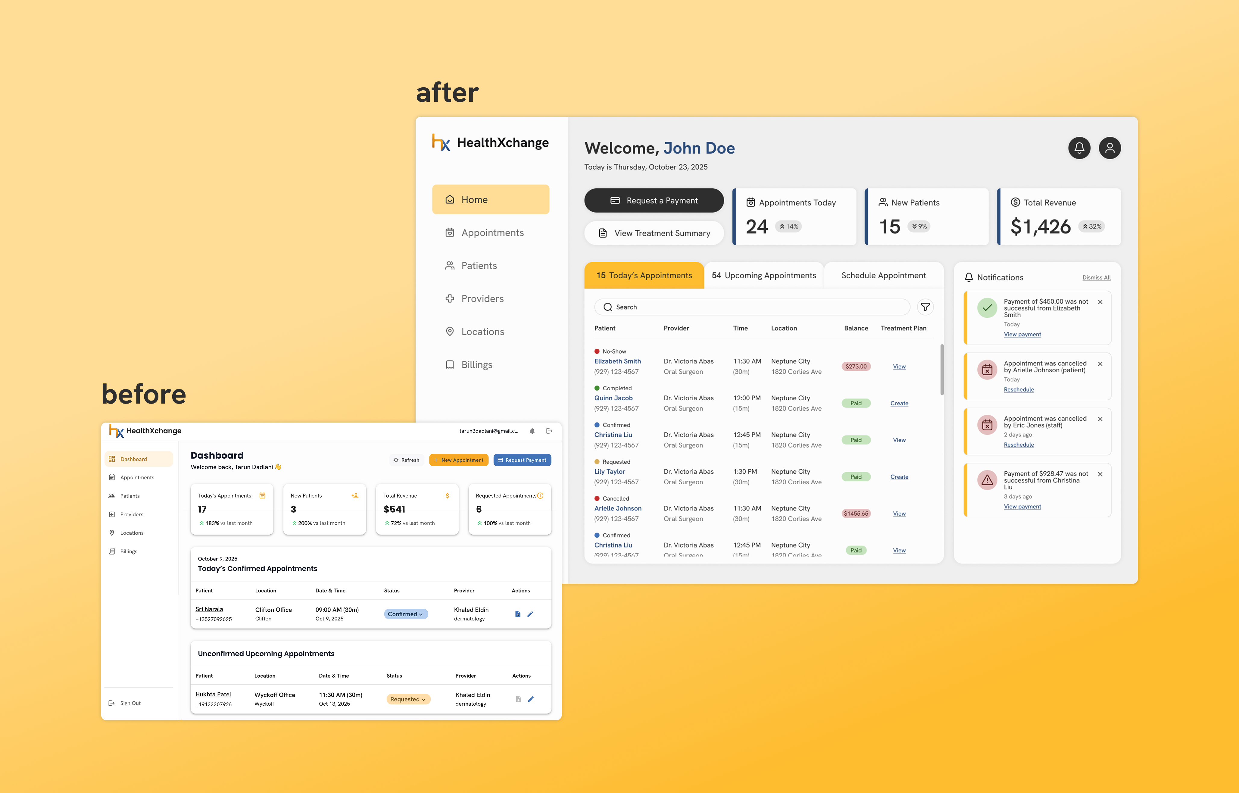 Comparison of HealthXchange user dashboards before and after redesign, showing a more modern, user-friendly interface with appointment and payment details.