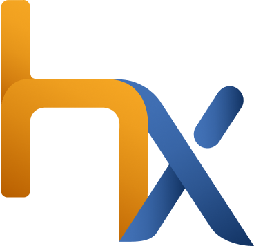 HealthXchange logo - lowercase letters 'hx' with 'h' in orange and 'x' in blue gradient overlapping in the center.