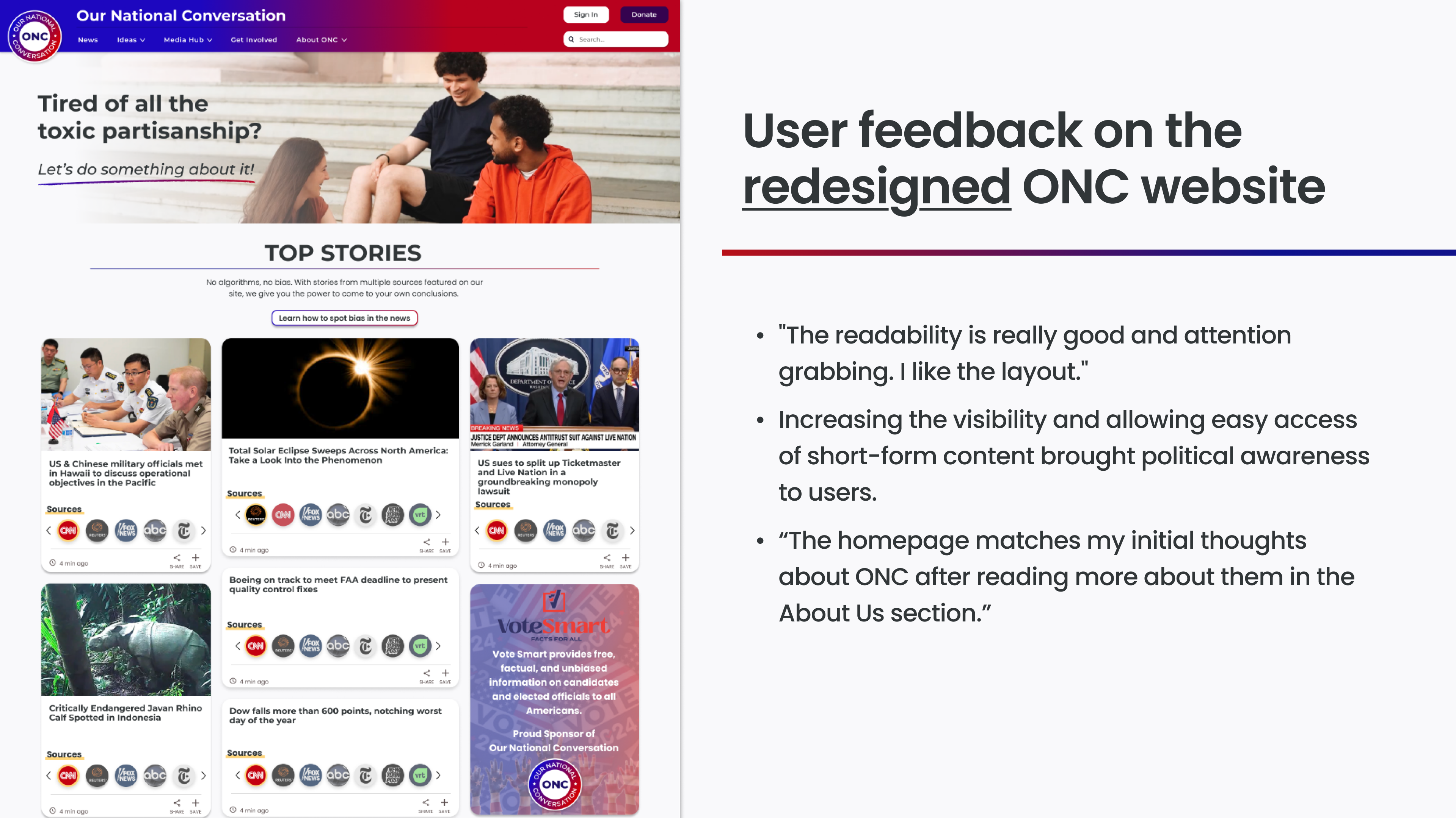 User feedback on the redesigned ONC website shown on 10 yellow sticky notes with comments on navigation, task completion, design credibility, political awareness, usability, and overall layout.