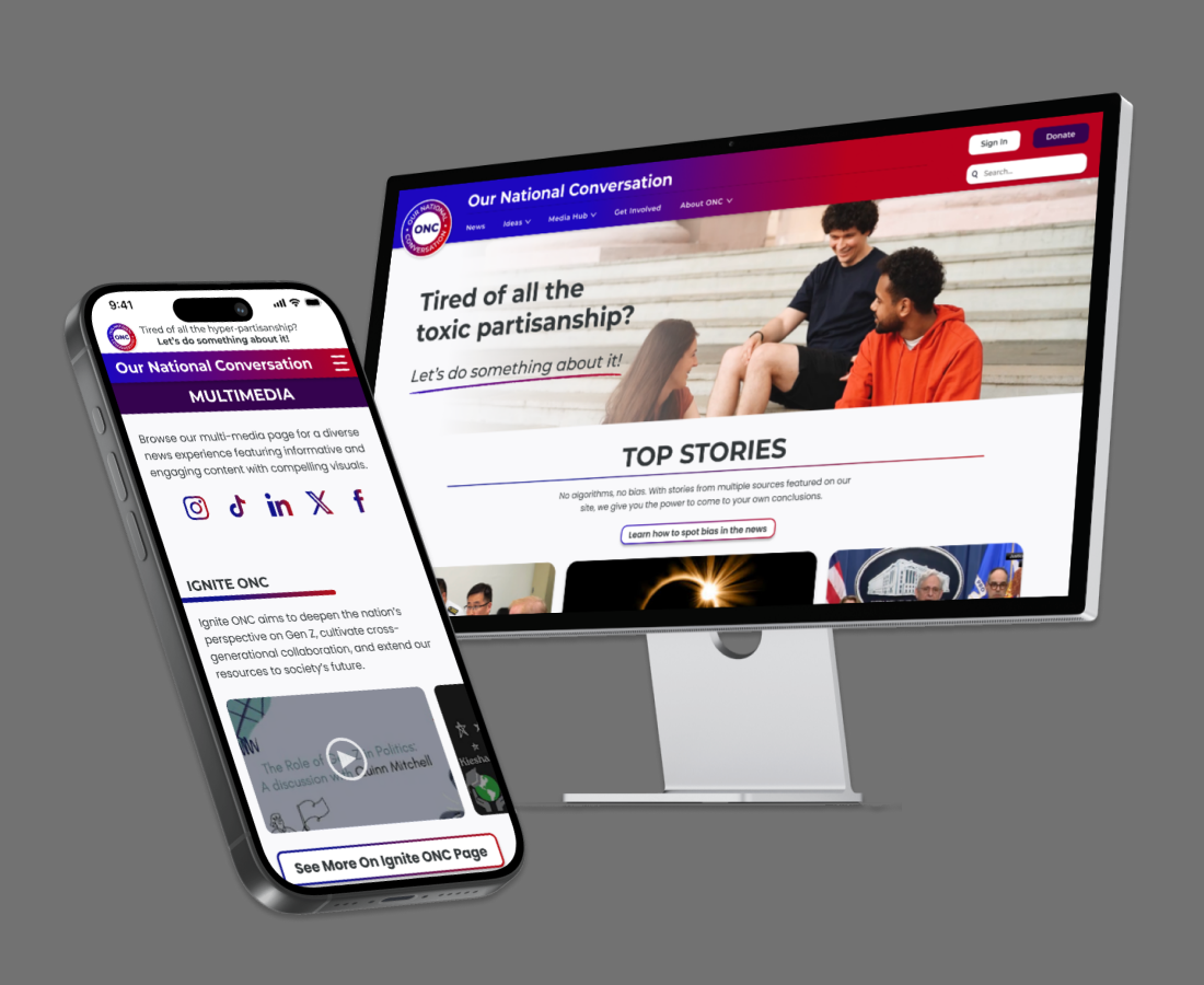 Desktop and mobile views of the ONC website featuring the home and multimedia pages on a red background.