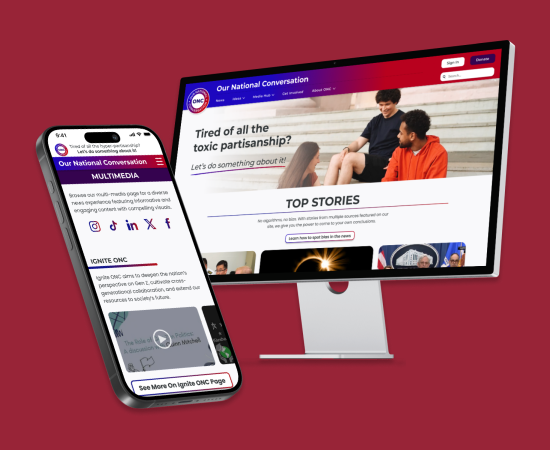 Desktop and mobile views of the ONC website featuring the home and multimedia pages on a red background.