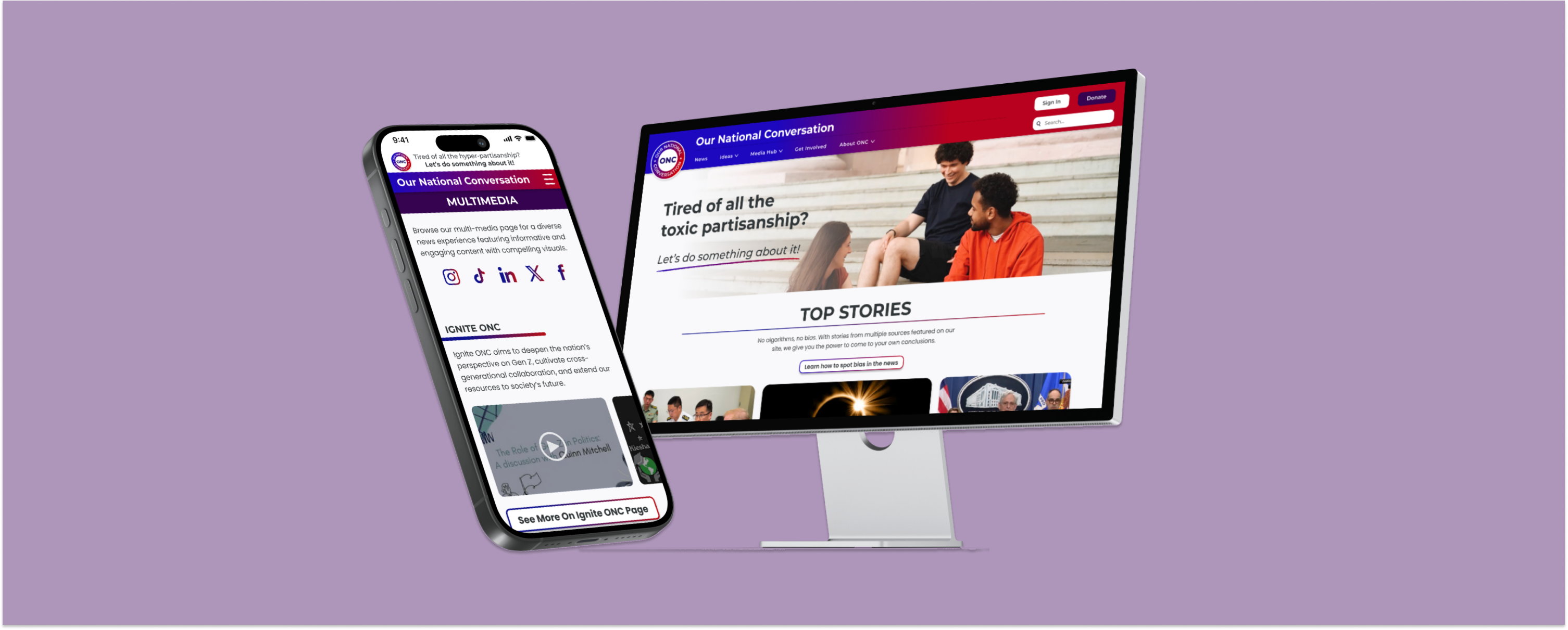Desktop and mobile views of the ONC website featuring the home and multimedia pages on a red background.