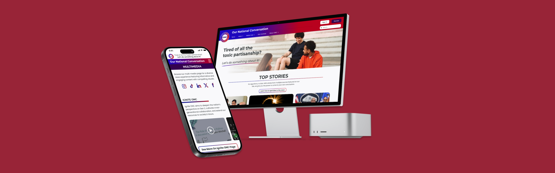 Desktop and mobile views of the ONC website featuring the home and multimedia pages on a red background.