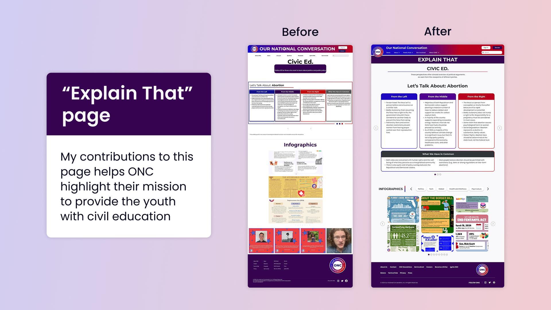 Side-by-side comparison of ONC's "Explain That" page before and after, showing an improvement in the website's responsiveness and use of white space.