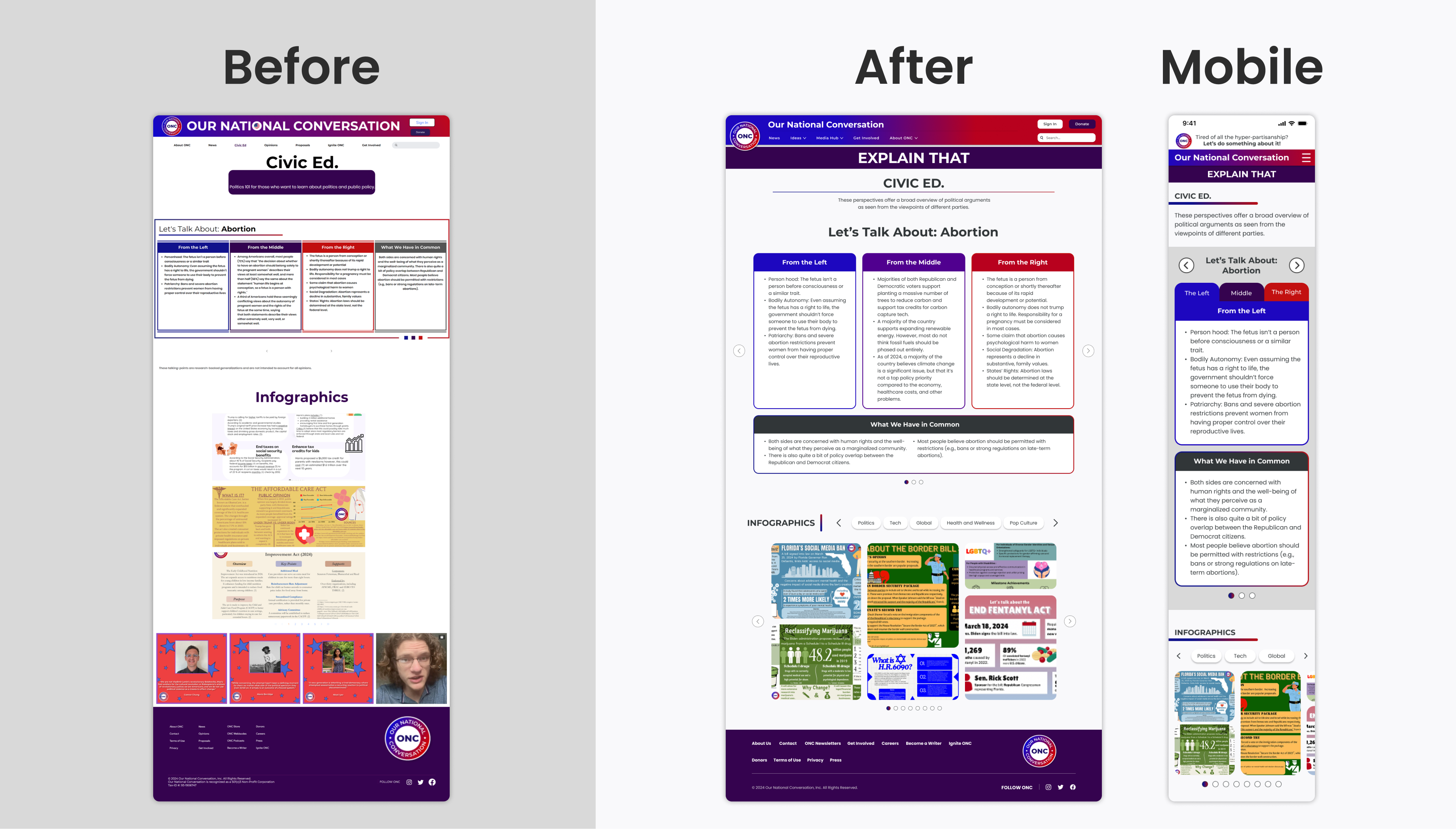 Side-by-side comparison of ONC's "Explain That" page before and after, showing an improvement in the website's responsiveness and use of white space.