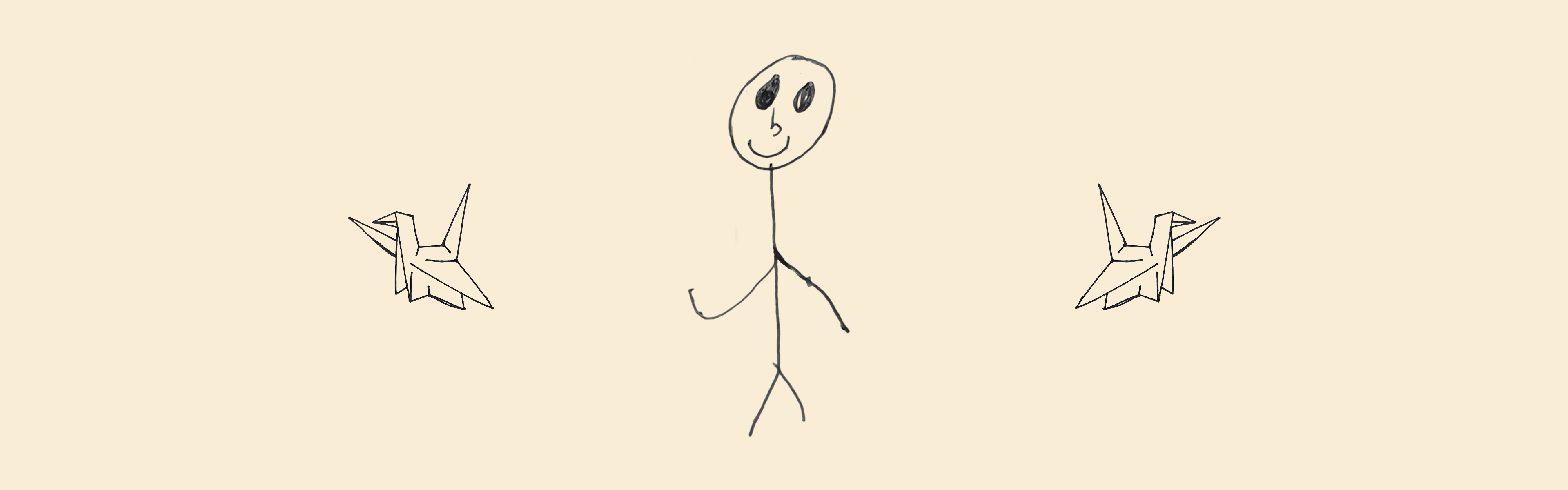 Banner displaying some visuals of the website: simple drawing of a stick figure with two origami birds on both sides all in front of a beige background.