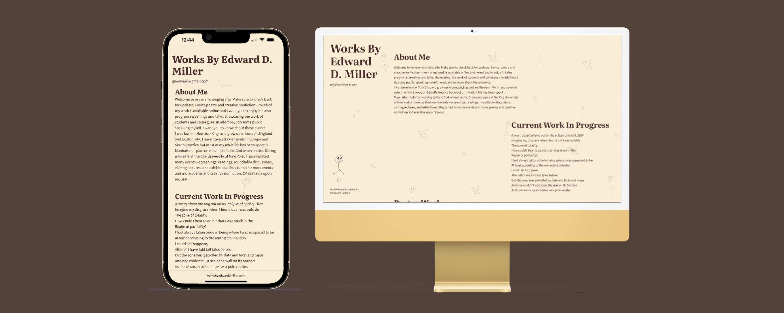 Mockup showing a personal portfolio website titled 'Works By Edward D. Miller' displayed on an iPhone and a desktop monitor with sections About Me and Current Work In Progress.