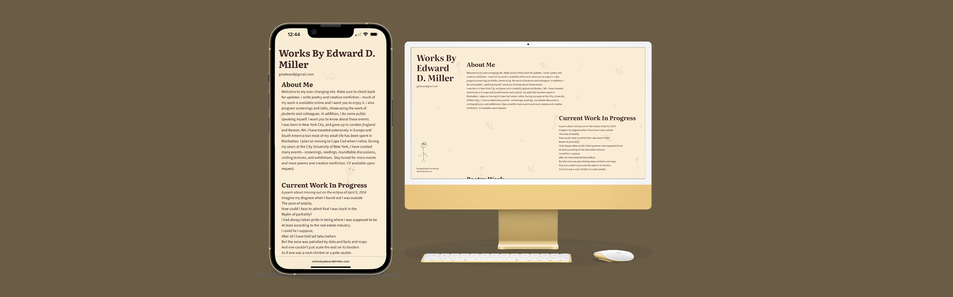 Mockup showing a personal portfolio website titled 'Works By Edward D. Miller' displayed on an iPhone and a desktop monitor with sections About Me and Current Work In Progress.