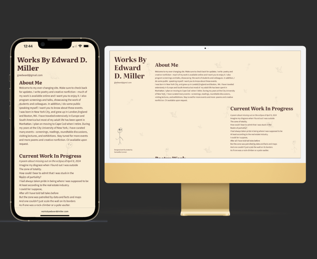 Mockup showing a personal portfolio website titled 'Works By Edward D. Miller' displayed on an iPhone and a desktop monitor with sections About Me and Current Work In Progress.