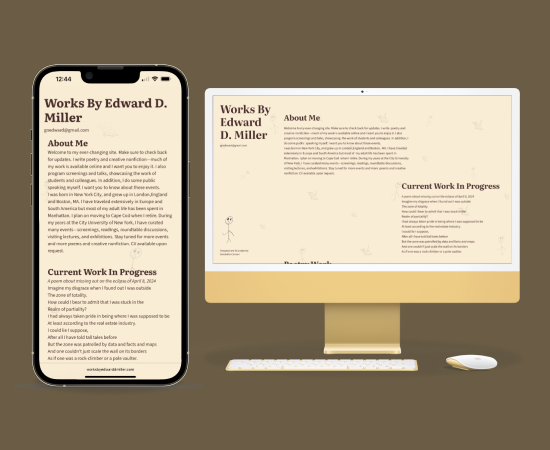 Mockup showing a personal portfolio website titled 'Works By Edward D. Miller' displayed on an iPhone and a desktop monitor with sections About Me and Current Work In Progress.