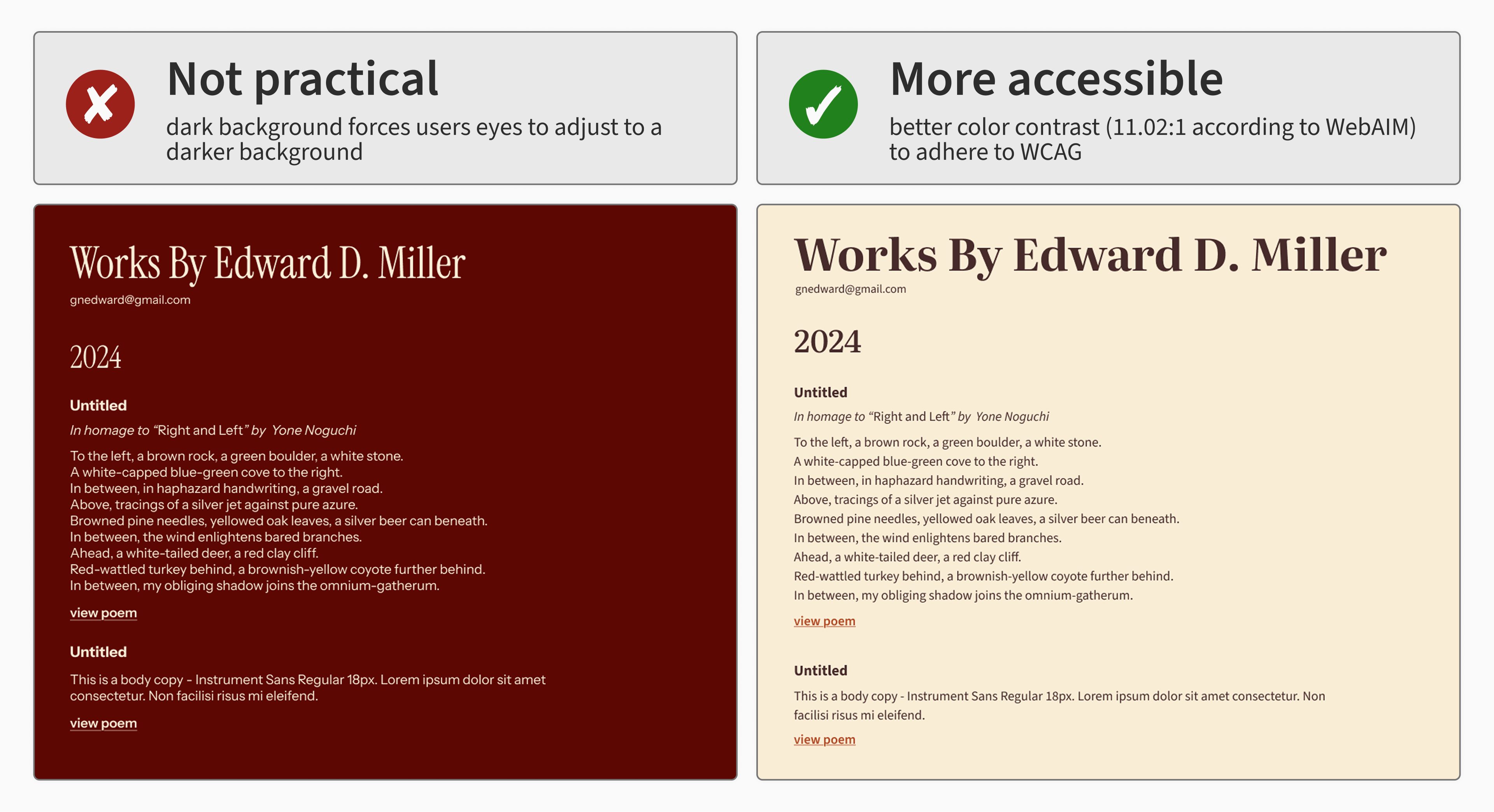 Comparison between two style guides emphasizing text readability: left visuals are dark red with light beige text labeled "Not practical," right block is light beige with dark brown text labeled "Chosen" with better color contrast for accessibility.